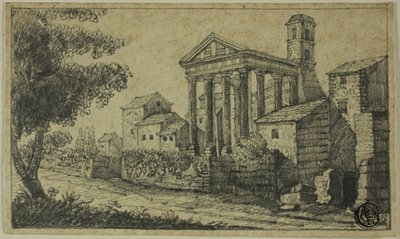 Paysage fluvial avec temple romain - Unknown artist