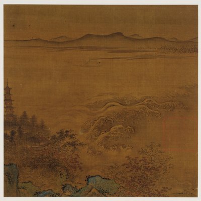 Paysage fluvial : une pagode, des rapides écumants, des collines lointaines - Unknown artist