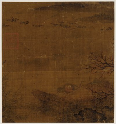 Scène de rivière : un homme endormi dans un bateau - des canards nageant à proximité - Unknown artist