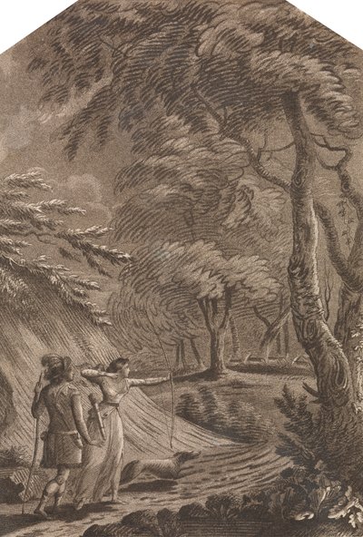 Robin des Bois et Clarinda chassant le cerf dans un paysage boisé - Unknown artist
