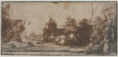 Anse rocheuse avec bateaux et bâtiments (recto) - Unknown artist