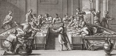 Triclinium romain, ou salle à manger, avec table et canapés - Unknown artist