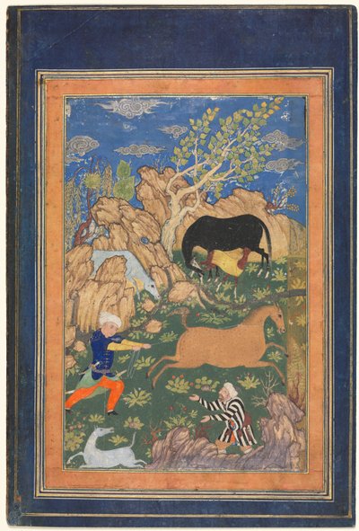 Rustam attrapant son cheval, Rakhsh, dans un paysage (recto) - Unknown artist