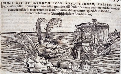 Des marins jettent des tonneaux à la mer pour distraire les monstres en poursuite. Gravure dans « Historia Animalium » de Conrad Gesner - Unknown artist