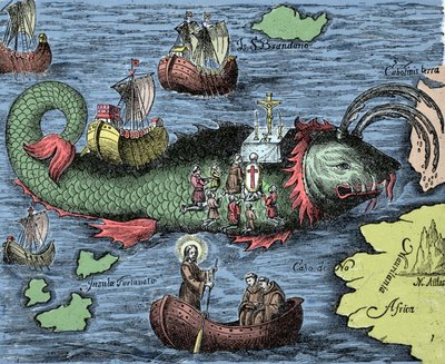 Saint Brendan (Brandan), héros et saint irlandais du 6ème siècle, célébrant la messe sur le dos de la baleine géante Jasconius. La légende dit que son bateau était porté sur le dos d