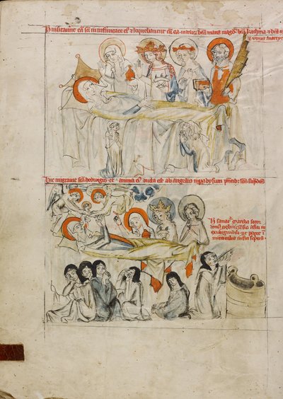 Sainte Edwige sur son lit de malade entourée de saints ; la mort de sainte Edwige et son âme reçue au paradis - Unknown artist