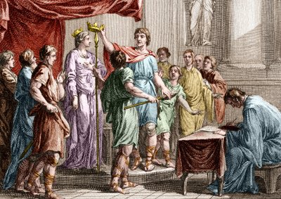 Loi salique - Établissement de la loi salique, rédigée par Clovis Ier en 508, elle consiste essentiellement à régler les problèmes de procédures concernant les biens et les personnes et à régler les droits de succession pour les terres qui ne peuvent être  - Unknown artist