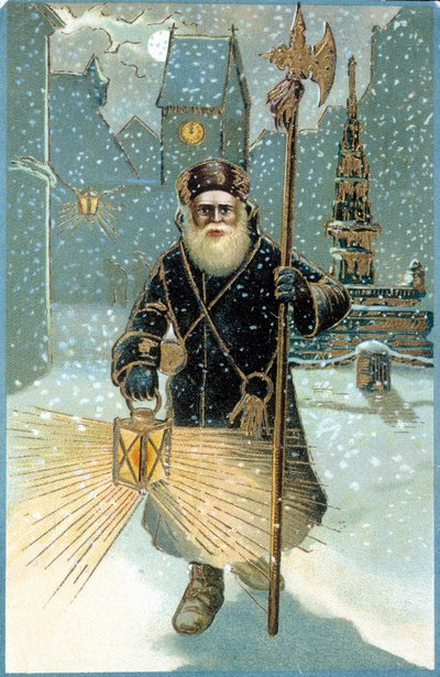 Père Noël dans la nuit avec une lanterne. Carte postale du XIXe siècle. - Unknown artist