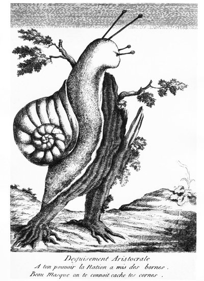 Dessin satirique : déguisement aristocratique (un escargot sur une souche) - Unknown artist