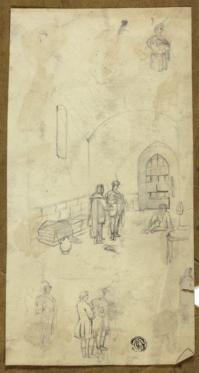 Scène dans une cellule de prison avec croquis d