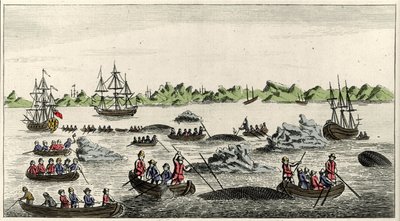 Scène de pêche à la baleine au Groenland au 18ème siècle, estampe populaire anonyme de l