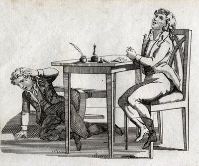 Écoliers à une table avec encrier. Gravure fin XVIIIe siècle. Collection privée. - Unknown artist