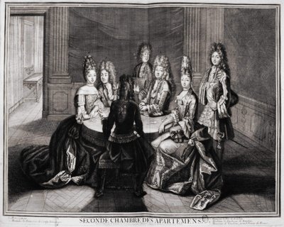 Deuxième salle des appartements (Versailles) : 1. Monseigneur, 2. Madame Princesse de Conti Douairière, 3. Monsieur le Duc de Bourbon, 4. Madame la Duchesse de Bourbon, 5. Monsieur de Vendôme, Grand Prieur de France. Gravure de Trouvain, début XVIIIe siècl - Unknown artist