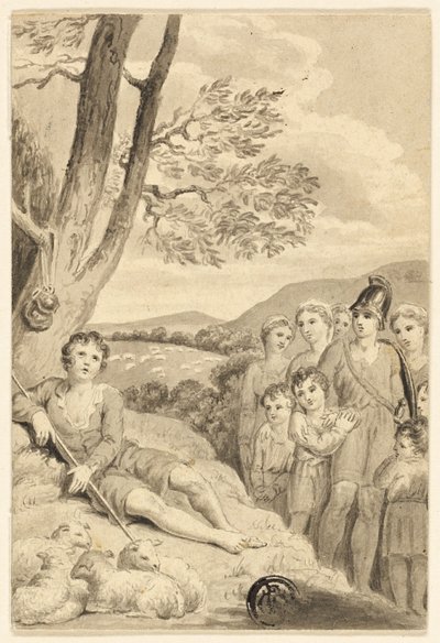 Garçon berger avec troupeau, observé par guerrier, femmes et enfants - Unknown artist