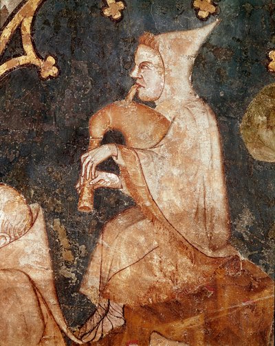 Berger soufflant dans une cornemuse (détail). Fresque du XIVe siècle. D