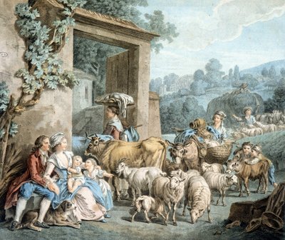 Bergers et troupeau de moutons devant une ferme - Unknown artist