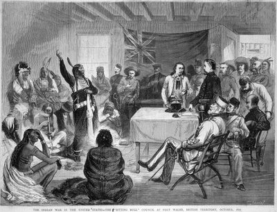 Sitting Bull et Buffalo Bill : Conseil de Sitting Bull à Fort Walsh, Territoire britannique, pendant la guerre avec les Indiens, octobre 1877 - Unknown artist
