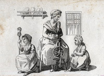 Filage : mère et ses filles filant la laine. La femme utilise un rouet et sa fille utilise une quenouille. Gravure de la fin du XVIIIe siècle. Collection privée. - Unknown artist