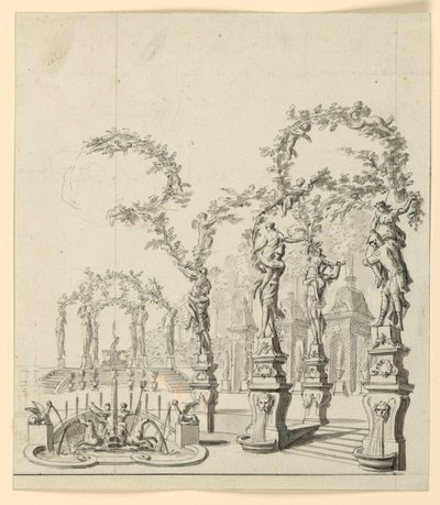 Décor de scène : Architecture de jardin avec fontaine et sculptures - Unknown artist