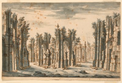 Décor de scène, groupe de bâtiments en ruines - Unknown artist