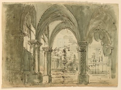 Décor de scène, Portique avec bâtiments - Unknown artist