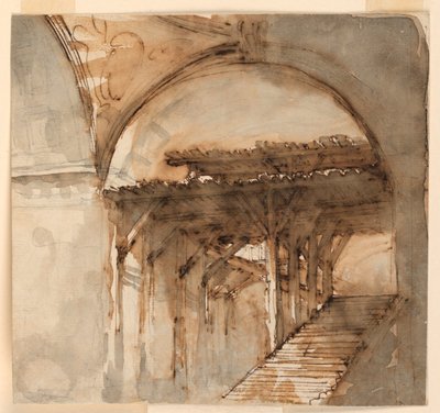Décor de scène, escalier dans un bâtiment à moitié en ruine - Unknown artist