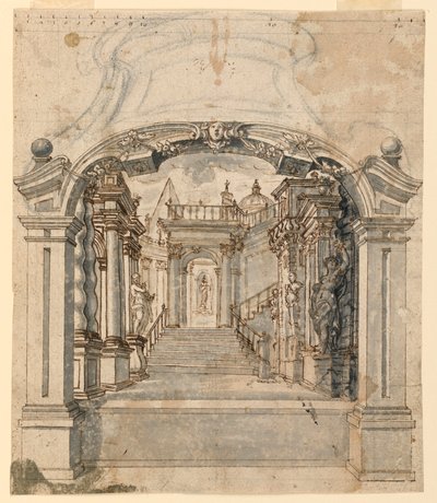 Décor de scène : Escalier avec sculptures - Unknown artist