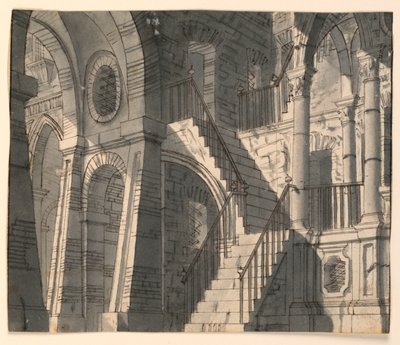 Décor de scène, intérieur en pierre avec escalier - Unknown artist