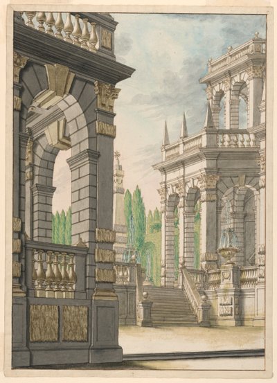 Décor de scène : Villa avec obélisque et armes d