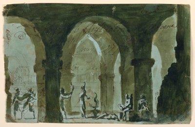 Décor de scène, des gens se précipitant dans une crypte - Unknown artist