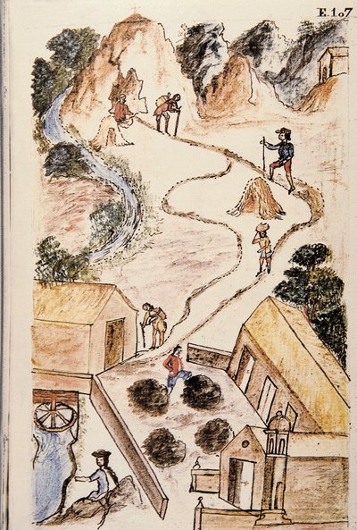 Étapes de la production de métal des mines aux charges, du livre "Trujillo del Peru" ou "Códice Martínez Compañón", par Baltazar Martinez Compañón y Bujanda, évêque de Trujillo (1782-1785) - Unknown artist