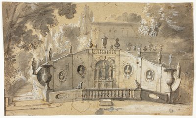 Escalier et fontaine (recto); Nu masculin assis de profil à gauche, regardant vers le haut (verso) - Unknown artist