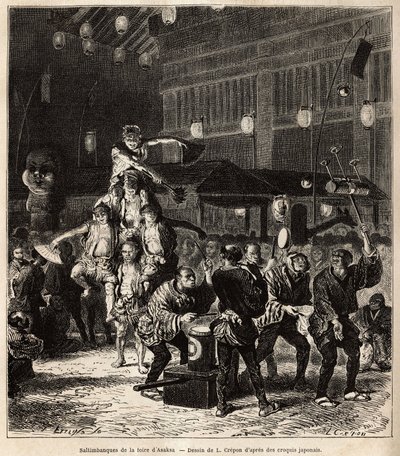 Saltimbanques de rue : jongleurs, équilibristes et acrobates, lors de spectacles nocturnes, à la foire annuelle d
