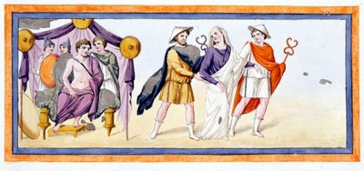Talthybios et Eurybates emmènent la vierge Briséis devant Achille, qui se tient dans la tente des Myrmidons. Iliade Chant I, v 345. Gravure de la fin du 18ème siècle. - Unknown artist