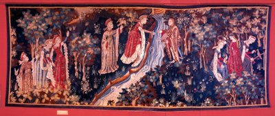 Tapisserie représentant une scène de roman : une jeune femme de la noblesse cherchant à rejoindre son amant de l