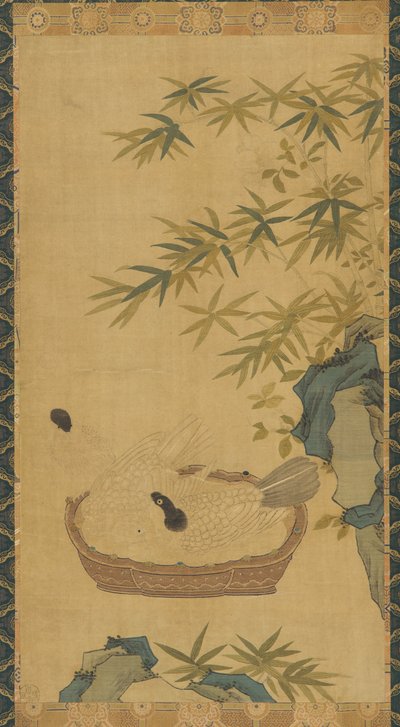 Tapisserie : colombes se baignant dans un bol ; rochers et bambous - Unknown artist