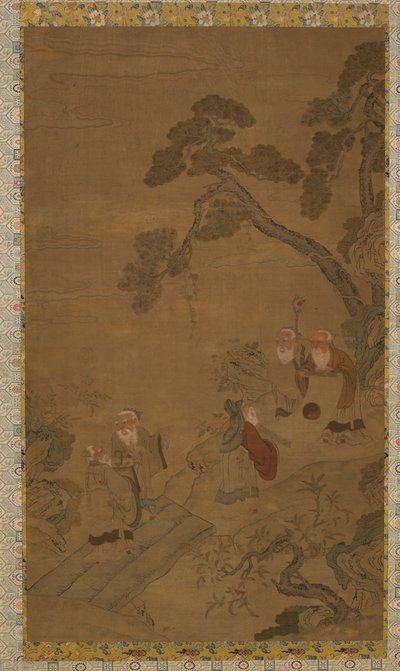 Tapisserie : cinq sages dans un jardin sous des pins - Unknown artist