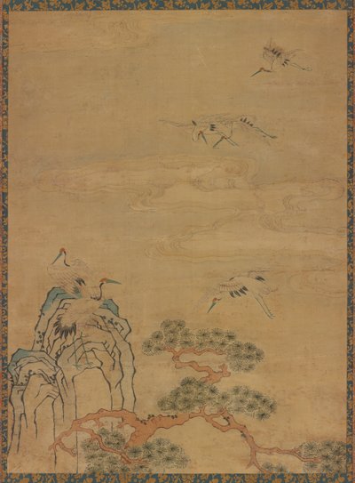 Tapisserie avec grues, rochers, pins et nuages - Unknown artist