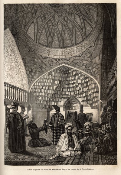 Tatars en prière, dans la mosquée de Schusha (Transcaucasie, Russie). Gravure pour illustrer le voyage dans les provinces du Caucase, par Basile Vereschaguine, en 1864-1865, publié dans « le tour du monde », sous la direction d