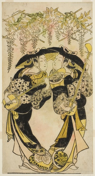 Les acteurs Sanjo Kantaro (à droite) et Fujimura Handayu (à gauche) en musiciens jouant sous une glycine. - Unknown artist
