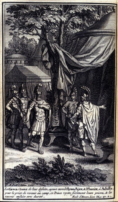 Les Grecs, étonnés de leur défaite, envoient Ulysse, Ajax et Phénix à Achille pour le prier de revenir au camp. Ce prince rejette fièrement leurs prières et les renvoie durement. Illustration du livre IX de l