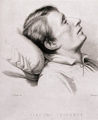 Le poète italien Giacomo Leopardi (1798-1837) sur son lit de mort. Gravure du 19ème siècle - Unknown artist