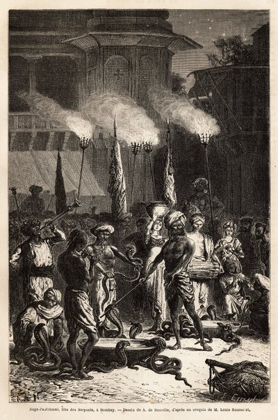 La fête du serpent Pantchami, à Bombay, pour assurer la protection contre leurs morsures mortelles, de longues processions de femmes traversent les rues jusqu