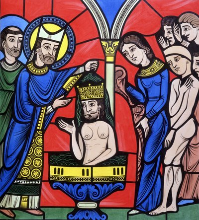 Le baptême du Christ. Collège semblable à un vitrail de la Cathédrale du Mans. Tracé du 19e siècle. - Unknown artist