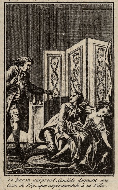 Le baron surprend Candide donnant une leçon de physique expérimentale à sa fille. Frontispice pour « Candide » de Voltaire - Unknown artist