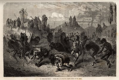 La danse du bison exécutée par les guerriers des Indiens Mandans (ou noumah ka kie : faisans) sur la rive gauche du Missouri. Gravure pour illustrer une excursion parmi les tribus indiennes des bassins de la Colombie et du Haut-Missouri, par G. Catlin, 185 - Unknown artist