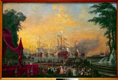 La flotte de rempart à Toulon lançant des salves lors de la visite du comte de Provence (futur Louis XVIII) et de l
