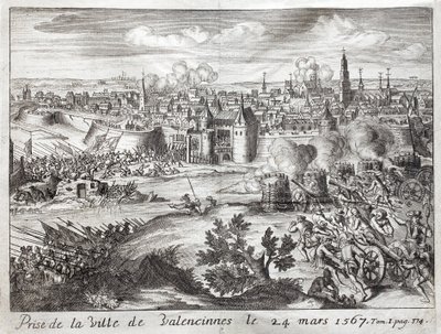 La ville de Valenciennes (France) a été prise le 24 mars 1567. Première bataille de la révolte des Gueux (début de la Guerre de Quatre-Vingts Ans (Quatre-Vingts Ans ou 80 Ans) (Révolte des Pays-Bas) (1568-1648). Gravure pour illustrer Histoire de la Guerre - Unknown artist
