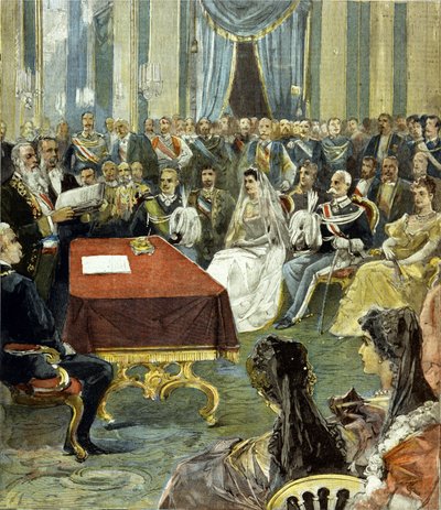 Le mariage civil du Prince de Naples - devenu Victor Emmanuel III - avec la princesse Hélène de Monténégro au Palais du Quirinal en 1896. Au centre, on peut voir Humbert Ier à gauche de la mariée - Unknown artist