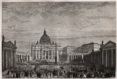 La foule se précipite sur la place Saint-Pierre au Vatican pour recevoir la grande bénédiction de Pâques par le pape Pie IX (1792-1878). Gravure pour illustrer le récit de la Semaine Sainte à Rome, en 1863, par Ludovic Celler, dans « Le tour du monde, nouv - Unknown artist